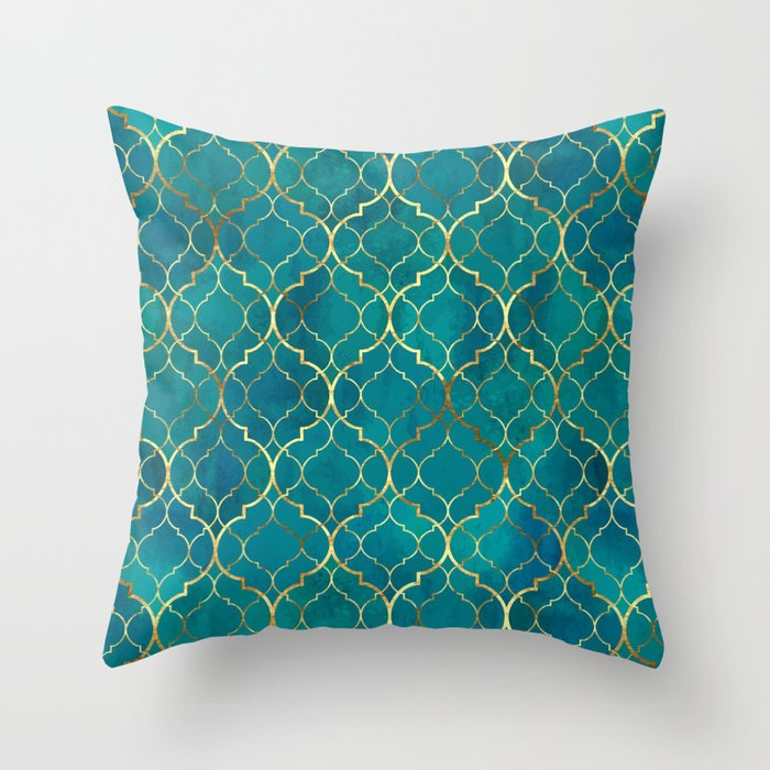Geometric Traditional Vintage Royal Green Golden Andalusian Moroccan Zellige Style Throw Pillow