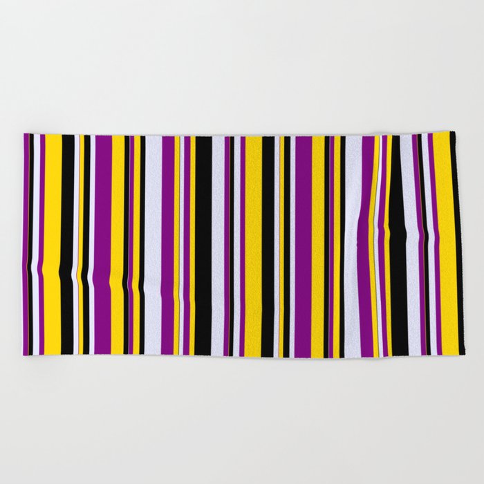 Yellow, Purple, Lavender & Black Colored Striped/Lined Pattern Beach Towel