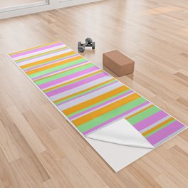 [ Thumbnail: Light Green, Orange, Lavender, and Violet Colored Striped/Lined Pattern Yoga Towel ]