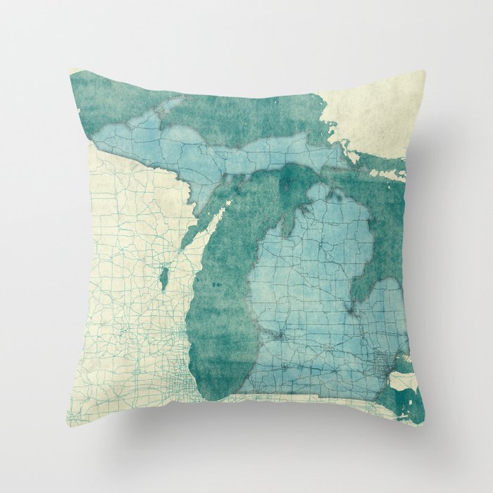 Michigan State Map Blue Vintage Throw Pillow