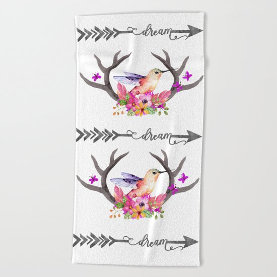 Hummingbird on floral Antlers and Dream arrow Beach Towel