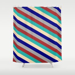 [ Thumbnail: Vibrant Light Sea Green, Tan, Blue, Dark Gray, and Brown Colored Lines/Stripes Pattern Shower Curtain ]