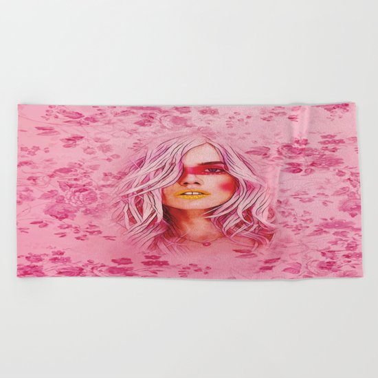 Girl with pink hair Beach Towel