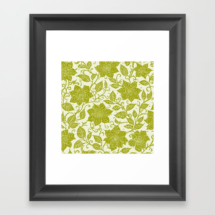 Boho Floral Pattern Turquoise Olive Green Framed Art Print
