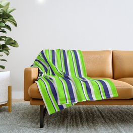 [ Thumbnail: Chartreuse, White & Midnight Blue Colored Stripes Pattern Throw Blanket ]