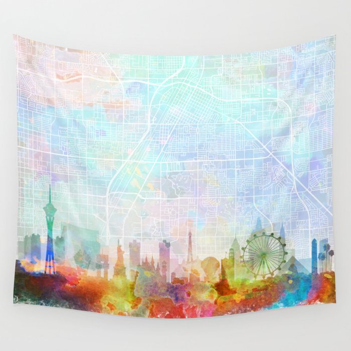 Las Vegas Skyline Map Watercolor, Print by Zouzounio Art Wall Tapestry