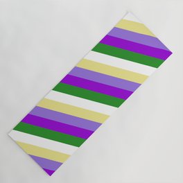 [ Thumbnail: Colorful Tan, Purple, Dark Violet, Forest Green, and White Colored Stripes/Lines Pattern Yoga Mat ]