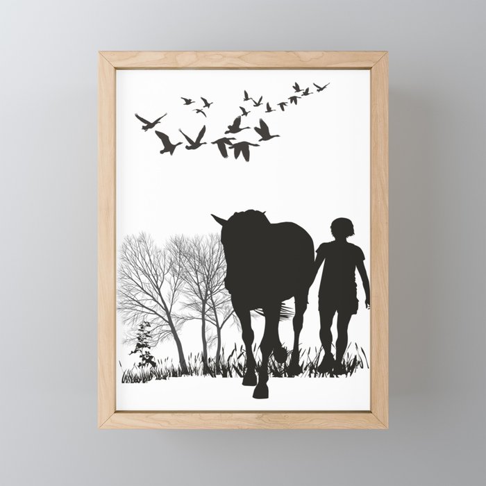 Woman on a nature trip with a horse Framed Mini Art Print