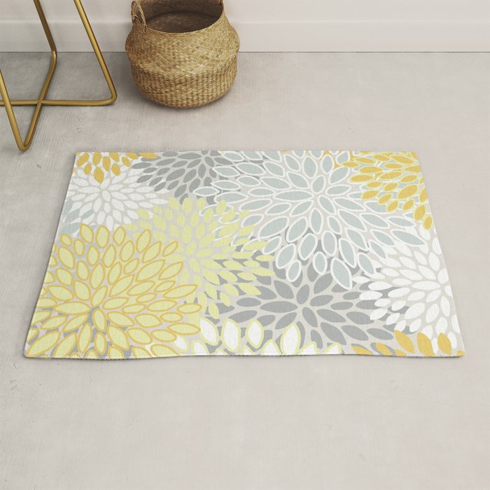 Floral Prints, Soft, Yellow and Gray, Modern Print Art Rug by Megan