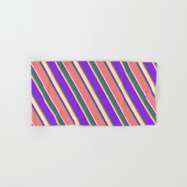 [ Thumbnail: Purple, Sea Green, Light Coral, and Bisque Colored Lined/Striped Pattern Hand & Bath Towel ]