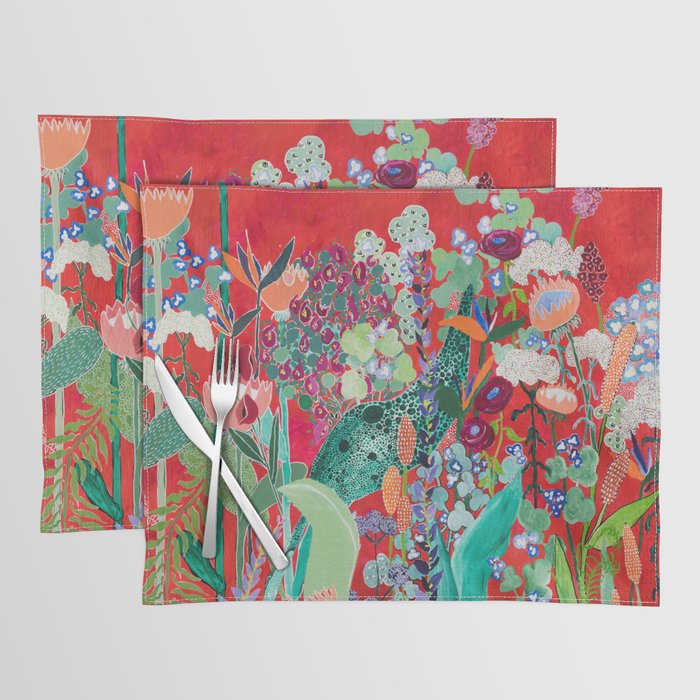 Floral Jungle on Red with Proteas, Eucalyptus and Birds of Paradise Placemat
