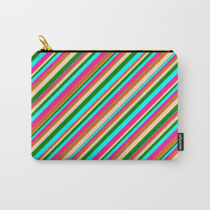 Eye-catching Tan, Green, Cyan, Deep Pink, and Chocolate Colored Pattern of Stripes Carry-All Pouch