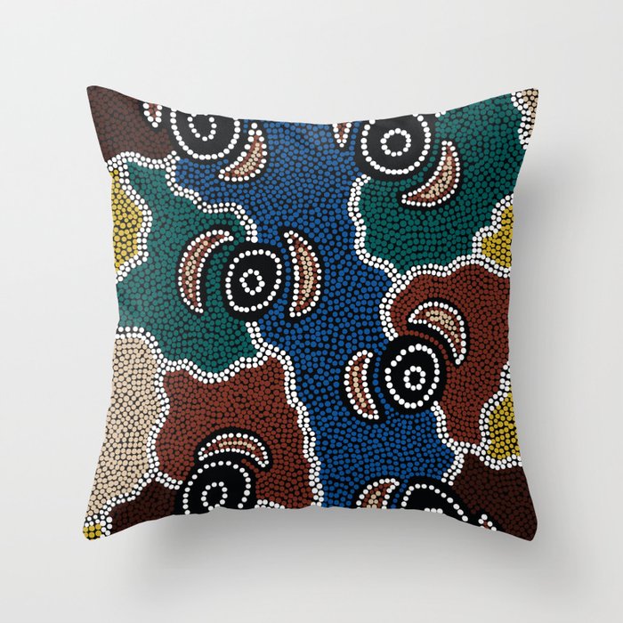 Authentic Aboriginal Art - Riverside Dreaming Throw Pillow