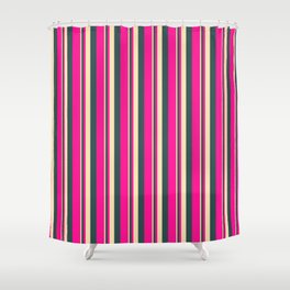 [ Thumbnail: Beige, Dark Slate Gray, and Deep Pink Colored Stripes/Lines Pattern Shower Curtain ]