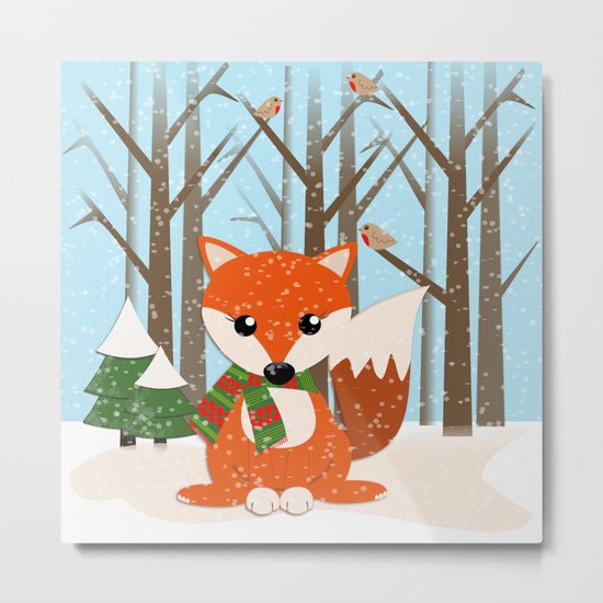 Cute winter fox with a red / green scarf, Metal Print