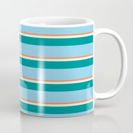[ Thumbnail: Coral, Beige, Dark Cyan & Sky Blue Colored Stripes Pattern Coffee Mug ]