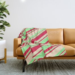 [ Thumbnail: Bisque, Green, and Crimson Colored Striped/Lined Pattern Throw Blanket ]