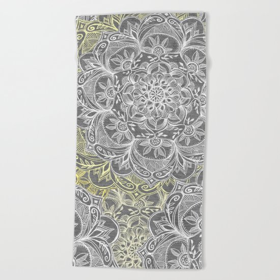 Yellow & White Mandalas on Grey Beach Towel