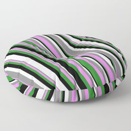 [ Thumbnail: Colorful Gray, Violet, Forest Green, Black & White Colored Striped Pattern Floor Pillow ]