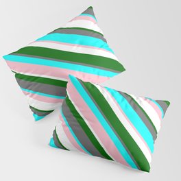 [ Thumbnail: Eyecatching Dark Green, Dim Grey, Aqua, Pink & White Colored Lines/Stripes Pattern Pillow Sham ]