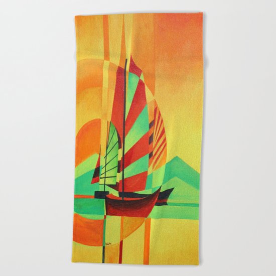 Chinese Junks Sail to Shore Beach Towel