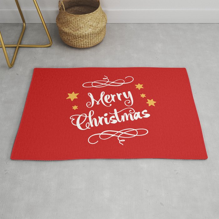 Merry Christmas - Typography, Calligraphy, Red, White, Stars Rug
