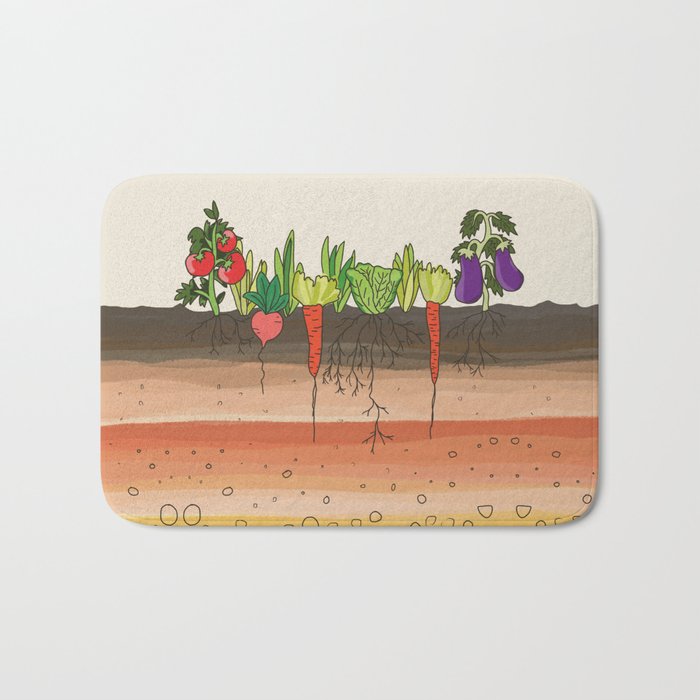 Earth soil layers vegetables garden cute educational illustration kitchen decor print Bath Mat