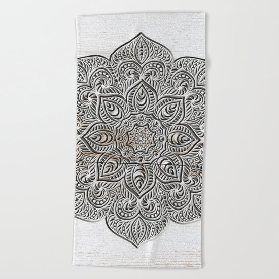 Mandala on White Wood Beach Towel