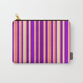 [ Thumbnail: Tan, Dark Violet, Purple, and Salmon Colored Striped Pattern Carry-All Pouch ]