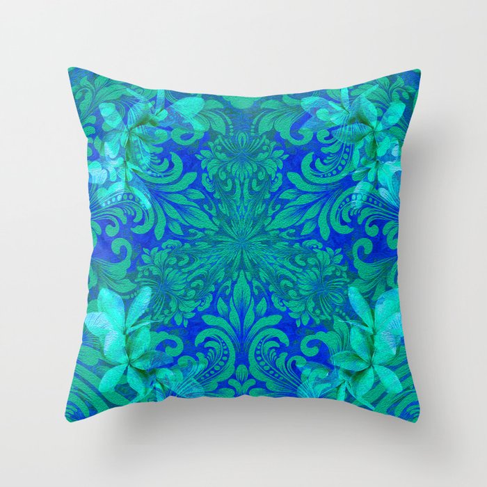 Aqua Moss Green And Blue Boujee Boho Floral Throw Pillow