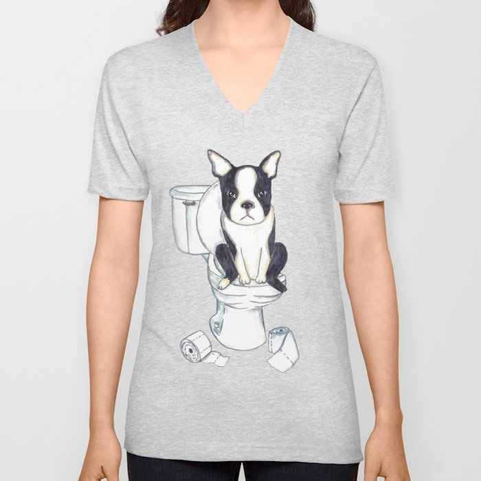 Boston terrier toilet Painting Wall Poster Watercolor V Neck T Shirt