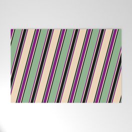 [ Thumbnail: Dark Sea Green, Purple, Bisque, and Black Colored Lines Pattern Welcome Mat ]