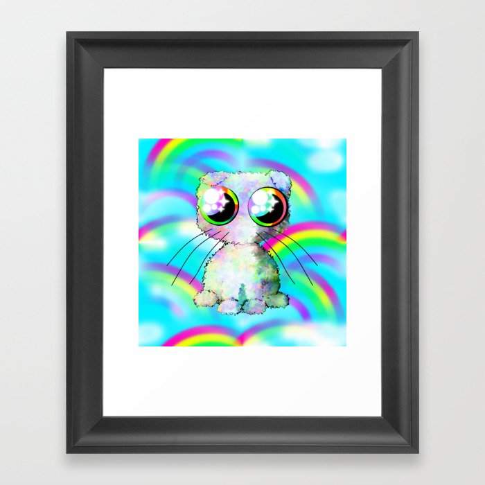 curly kawaii pet on rainbow and cloud background Framed Art Print