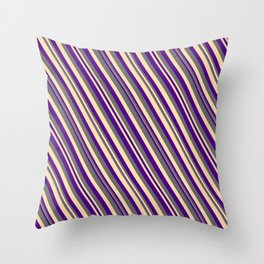 [ Thumbnail: Indigo, Dim Grey, and Tan Colored Lined Pattern Throw Pillow ]