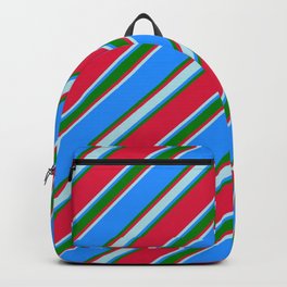 [ Thumbnail: Crimson, Powder Blue, Blue & Green Colored Pattern of Stripes Backpack ]