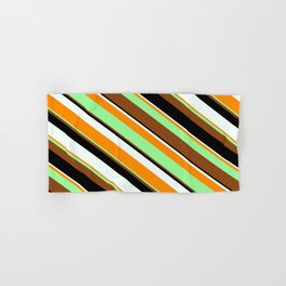 [ Thumbnail: Eyecatching Mint Cream, Dark Orange, Green, Brown, and Black Colored Lines/Stripes Pattern Hand & Bath Towel ]