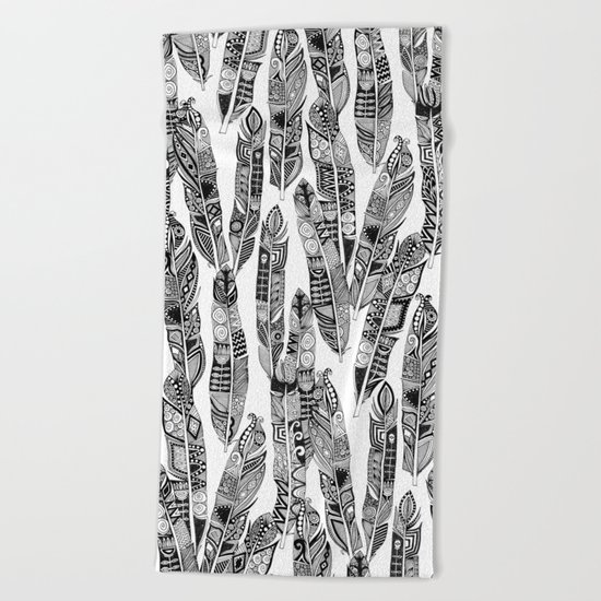 geo feathers black white Beach Towel