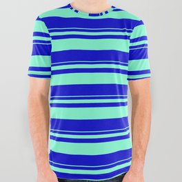 [ Thumbnail: Aquamarine and Blue Colored Striped Pattern All Over Graphic Tee ]