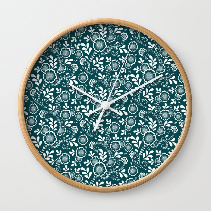 Teal Blue And White Eastern Floral Pattern Wall Clock