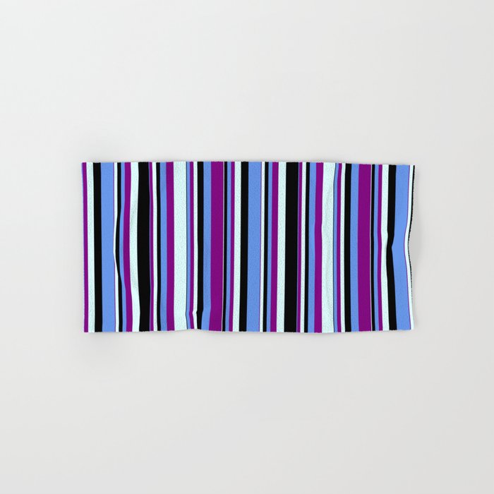 Cornflower Blue, Purple, Light Cyan, and Black Colored Stripes Pattern Hand & Bath Towel