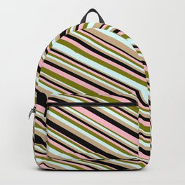 [ Thumbnail: Green, Light Cyan, Tan, Black, and Pink Colored Stripes Pattern Backpack ]
