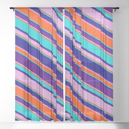 [ Thumbnail: Eyecatching Dark Turquoise, Blue, Indigo, Plum, and Red Colored Lined/Striped Pattern Sheer Curtain ]
