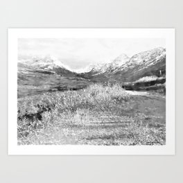 Glen Alps Walk, Grey Scale, Oil Pastel Drawing Art Print