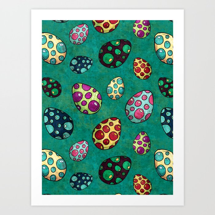 Decorated Easter eggs on green pattern, Happy Easter Art Print