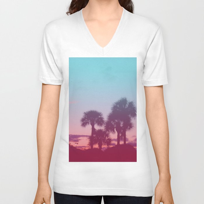 Palm Tree Sunset V Neck T Shirt