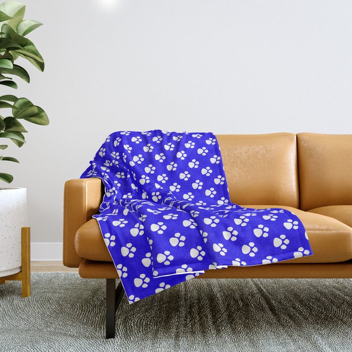 Tiny Paw Prints Pattern Bright Blue White Throw Blanket by