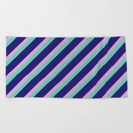 [ Thumbnail: Plum, Aquamarine & Midnight Blue Colored Lined/Striped Pattern Beach Towel ]