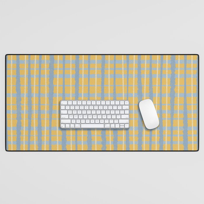 Retro Picnic Striped Pattern - Woven Watercolor Stripes in Light Blue and Mustard Yellow Desk Mat