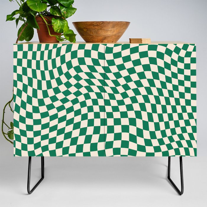 70s Retro Groovy Green Swirled Checker Pattern Credenza