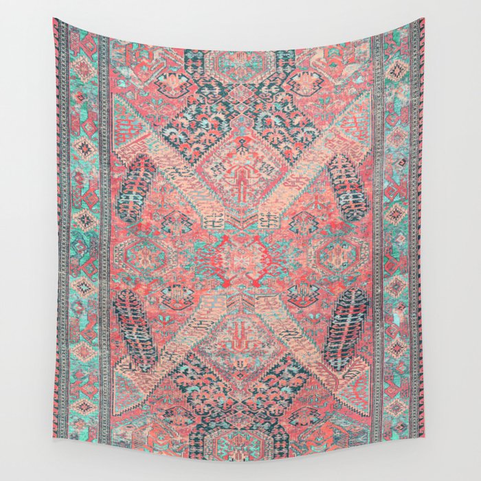 Blush Pink and Aqua Blue Antique Persian Rug Vintage Oriental Carpet Print Wall Tapestry